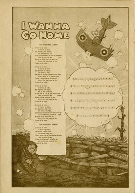 This short booklet, "Ye A.E.F Hymnal: A Collection of the Doughboy Lyrics that Smoothed the Road from Hoboken to the Rhine," contains 17 humorous songs collected from the Front. It was published in Nancy, France, in 1918-1919 by Berger-Levrault and originally sold for 3.75 francs. The booklet was purchased and returned home by Lt. James A. Royer of the 9th Aero Squadron. Here are the lyrics for the song "I Wanna Go Home." (U.S. Air Force photo) 