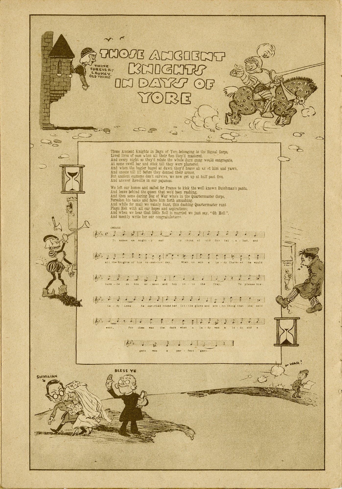 This short booklet, "Ye A.E.F Hymnal: A Collection of the Doughboy Lyrics that Smoothed the Road from Hoboken to the Rhine," contains 17 humorous songs collected from the Front. It was published in Nancy, France, in 1918-1919 by Berger-Levrault and originally sold for 3.75 francs. The booklet was purchased and returned home by Lt. James A. Royer of the 9th Aero Squadron. Here are the lyrics for the song "Those Ancient Knights in Days of Yore." (U.S. Air Force photo) 