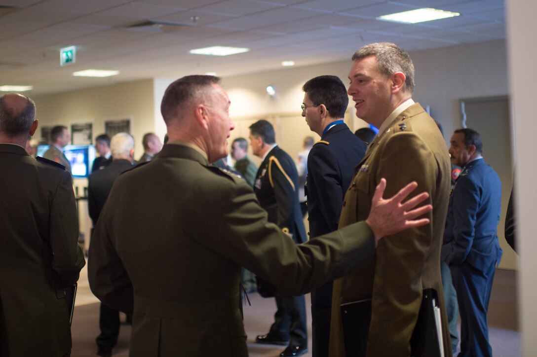 U.S. Marine Corps Gen. Joseph F. Dunford Jr., left, chairman of the Joint Chiefs of Staff, meets with a military counterpart at NATO headquarters in Brussels, Jan. 21, 2016. DoD photo by D. Myles Cullen