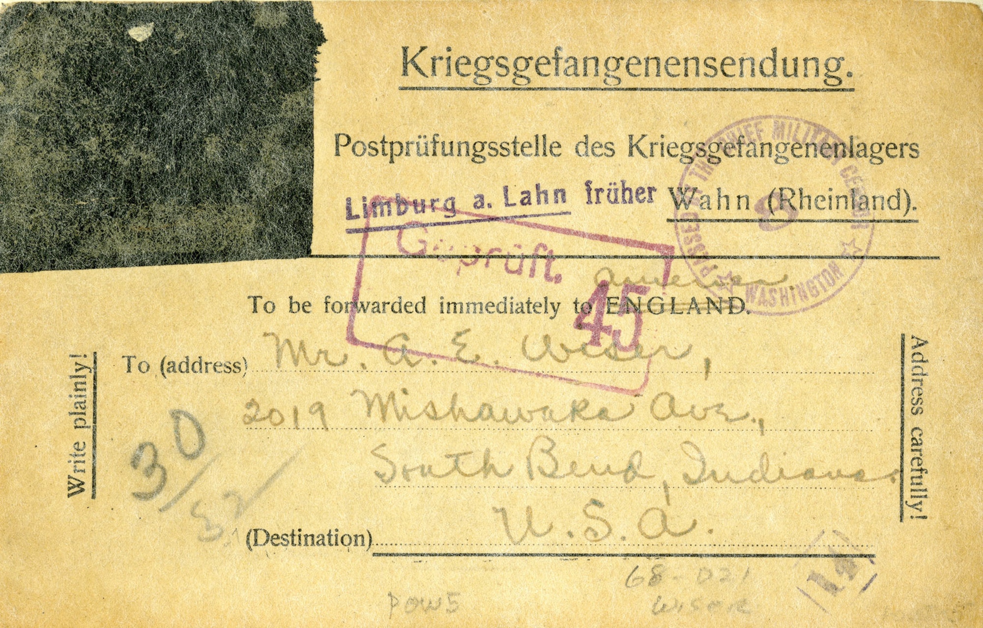 On Sept. 26, 1918, Lt. Guy Brown Wiser of the 20th Aero Squadron was shot down during the Meuse-Argonne Offensive and captured by German forces. The following day, he was permitted to fill out a card which was mailed to his mother, Alva Wiser, alerting her to his prisoner of war status. Almost a month after the Armistice, Mrs. Wiser would receive another notification -- this time, from The American Red Cross, relaying the happy news that her son had been released from the prison camp and was safe in France. Lt. Wiser returned to the United States in March 1919, aboard the USS Michigan. (U.S. Air Force)