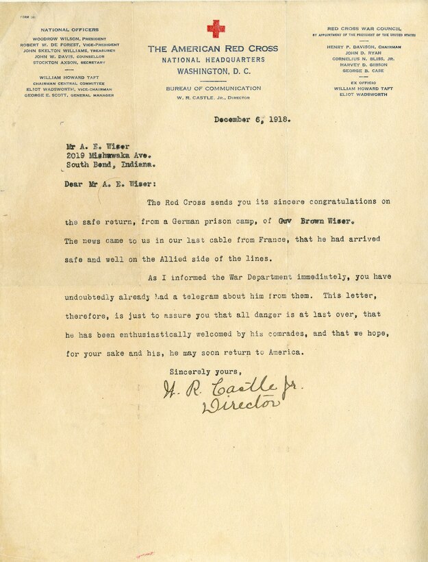 On Sept. 26, 1918, Lt. Guy Brown Wiser of the 20th Aero Squadron was shot down during the Meuse-Argonne Offensive and captured by German forces. The following day, he was permitted to fill out a card which was mailed to his mother, Alva Wiser, alerting her to his prisoner of war status. Almost a month after the Armistice, Mrs. Wiser would receive another notification -- this time, from The American Red Cross, relaying the happy news that her son had been released from the prison camp and was safe in France. Lt. Wiser returned to the United States in March 1919, aboard the USS Michigan. (U.S. Air Force)