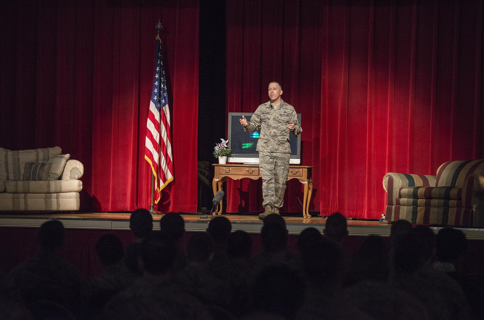 Senior Master Sgt. Jason Funkhauser, 93rd Intelligence Squadron linguist, shares his life experiences Jan. 19, 2016, at Arnold Hall at Joint Base San Antonio-Lackland, Texas. The “Storytellers” event was created to provide a forum where Airmen can share experiences and learn about one another promoting understanding throughout the force. (U.S. Air Force photo by Johnny Saldivar/Released)