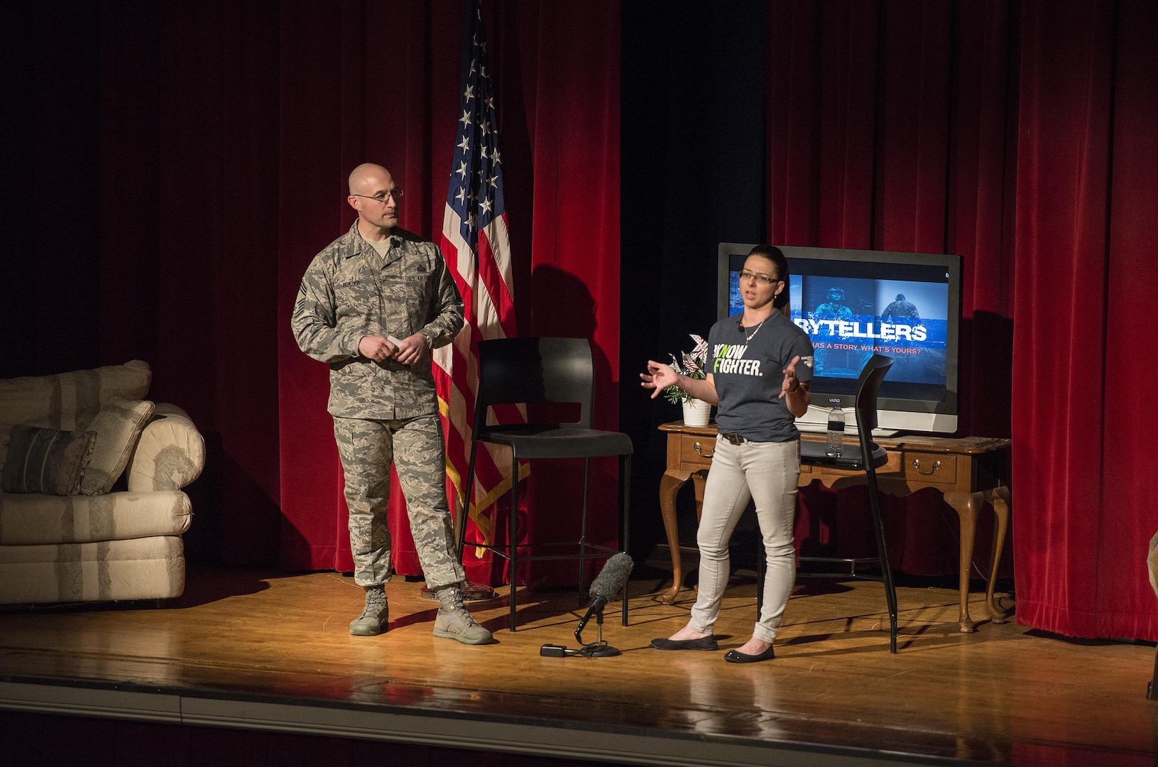 Chief Master Sgt. Stefan Blazier 67th Cyber Operations Group superintendent, and his wife share their life experiences Jan. 19, 2016, at Arnold Hall at Joint Base San Antonio-Lackland, Texas. The “Storytellers” event was created to provide a forum where Airmen can share experiences and learn about one another promoting understanding throughout the force. (U.S. Air Force photo by Johnny Saldivar/Released)