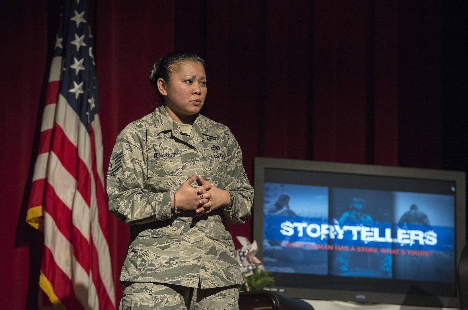 Tech. Sgt. Margie Gonzalez, 93rd IS intelligence analyst, shares her life experiences Jan. 19, 2016, at Arnold Hall at Joint Base San Antonio-Lackland, Texas. The “Storytellers” event was created to provide a forum where Airmen can share experiences and learn about one another promoting understanding throughout the force. (U.S. Air Force photo by Johnny Saldivar/Released)