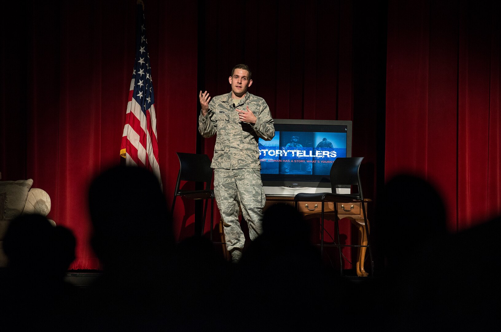 Staff Sgt. Jared Smith, 93rd IS cryptologic language analyst, shares his life experiences Jan. 19, 2016, at Arnold Hall at Joint Base San Antonio-Lackland, Texas. Smith was one of six participants to share tales of hardship and resiliency as part of the JBSA-Lackland’s first-ever “Storytellers” event. The “Storytellers” event was created to provide a forum where Airmen can share experiences and learn about one another promoting understanding throughout the force. (U.S. Air Force photo by Johnny Saldivar/Released)