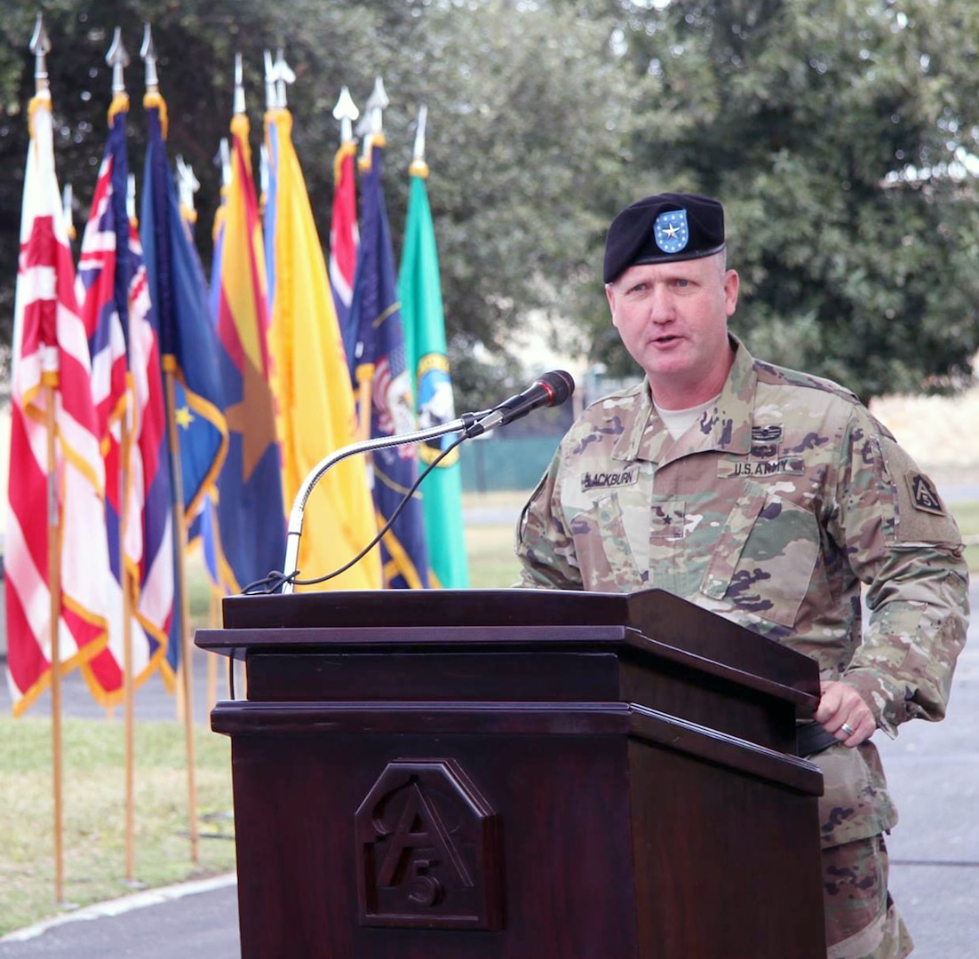 Brig. Gen. James Blackburn, new U.S. Army North (Fifth Army) deputy commanding general, speaks to Soldiers, family members and guests at a welcome ceremony Jan. 14.