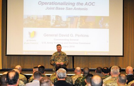 Gen. David G. Perkins, U.S. Army Training and Doctrine Command commanding general, talked to more than 200 leaders at a town hall at Blesse auditorium Jan. 8. Perkins highlighted TRADOC's new Army Operations concept of “Win in a Complex War.”