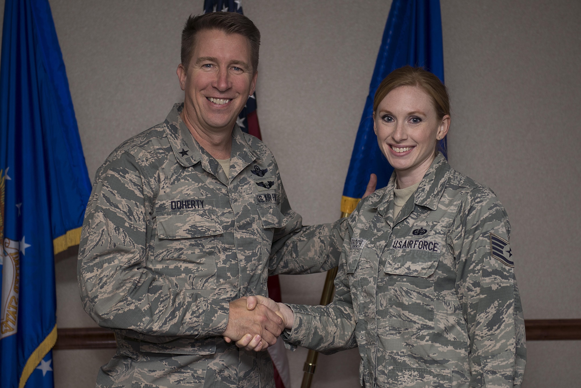 Brig. Gen. Patrick Doherty, 82nd Training Wing commander, congratulates Staff Sgt. Crystal Cordroch, 82nd Mission Support Group enlisted executive, for being selected the commander’s Wingman of Choice for the week of Jan. 19 – 25, 2016. Cordroch is native of Thousand Oaks, Calif., and has been in the Air Force for nine years. (U.S Air Force photo/Senior Airman Kyle Gese)