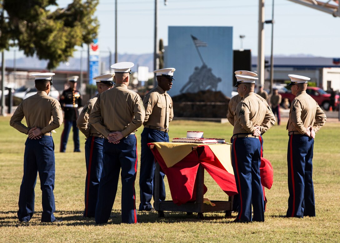 Marines participate in the annual uniform pageant and cake cutting ceremony at the parade field aboard Marine Corps Air Station Yuma, Ariz., Friday, Nov. 6, 2015. The ceremony celebrated the Marine Corps’ 240th birthday and paid tribute to past generations of Marines.