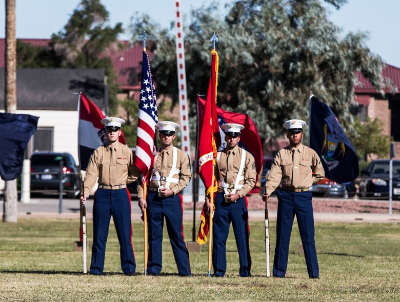 Marines participate in the annual uniform pageant and cake cutting ceremony at the parade field aboard Marine Corps Air Station Yuma, Ariz., Friday, Nov. 6, 2015. The ceremony celebrated the Marine Corps’ 240th birthday and paid tribute to past generations of Marines.