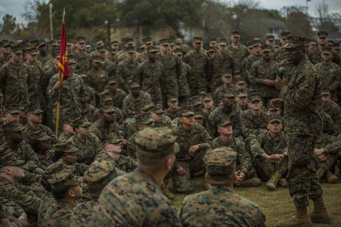 Sergeant Major of the Marine Corps, Sgt. Maj. Ronald L. Green, addresses Marines with Marine Forces Reserve at Marine Corps Support Facility New Orleans, Jan. 20, 2016. During his visit, Green discussed a variety of topics, including the ‘Protect What You’ve Earned’ campaign by urging Marines to uphold the standards of the Corps on and off duty.