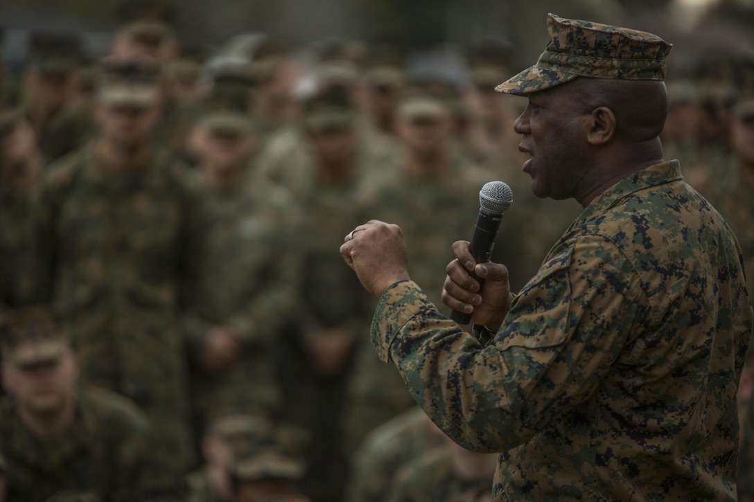 Sergeant Major of the Marine Corps, Sgt. Maj. Ronald L. Green, addresses Marines with Marine Forces Reserve at Marine Corps Support Facility New Orleans, Jan. 20, 2016. During his visit, Green discussed a variety of topics, including the ‘Protect What You’ve Earned’ campaign by urging Marines to uphold the standards of the Corps on and off duty.