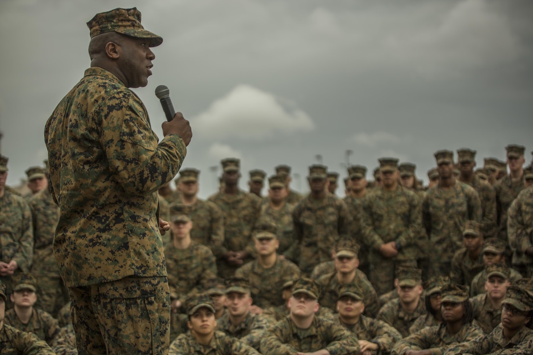 Sergeant Major of the Marine Corps, Sgt. Maj. Ronald L. Green, addresses Marines with Marine Forces Reserve at Marine Corps Support Facility New Orleans, Jan. 20, 2016. During his visit, Green discussed a variety of topics, including the ‘Protect What You’ve Earned’ campaign by urging Marines to uphold the standards of the Corps on and off duty.