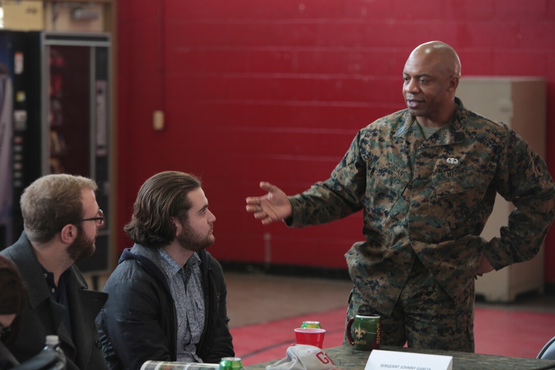 Sgt. Maj. Oscar D. Jordan, inspector and instructor sergeant major with 2nd Battalion, 24th Marine Regiment, 4th Marine Division, Marine Forces Reserve speaks to Columbia College Chicago students about the global war on terrorism during an informal discussion at their training center in Chicago, Jan. 20, 2016. During the event, the Marines and students were separated into small groups where they began to talk and share personal stories and experiences about their military career. Many Americans, like the majority of these students, do not have regular interactions with Marines. As the most geographically dispersed command in the Marine Corps, however, Marine Forces Reserve is uniquely positioned to have these kinds of community interactions.
