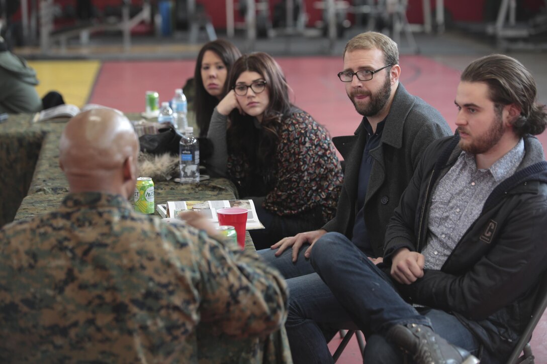Sgt. Maj. Oscar D. Jordan, inspector and instructor sergeant major with 2nd Battalion, 24th Marine Regiment, 4th Marine Division, Marine Forces Reserve speaks to Columbia College Chicago students about the global war on terrorism during an informal discussion at their training center in Chicago, Jan. 20, 2016. During the event, the Marines and students were separated into small groups where they began to talk and share personal stories and experiences about their military career. Many Americans, like the majority of these students, do not have regular interactions with Marines. As the most geographically dispersed command in the Marine Corps, however, Marine Forces Reserve is uniquely positioned to have these kinds of community interactions.