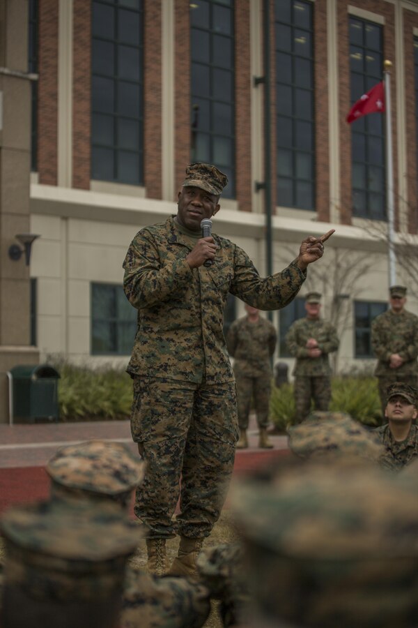 Sergeant Major of the Marine Corps, Sgt. Maj. Ronald L. Green, addresses Marines with Marine Forces Reserve at Marine Corps Support Facility New Orleans, Jan. 20, 2016. During his visit, Green discussed a variety of topics, including the ‘Protect What You’ve Earned’ campaign by urging Marines to uphold the standards of the Corps on and off duty.