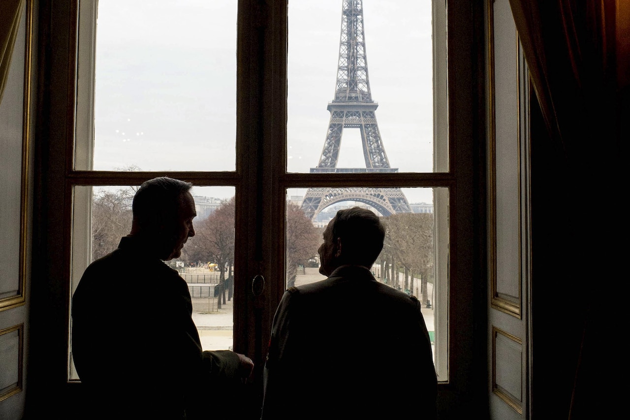 U.S. Marine Corps Gen. Joseph F. Dunford Jr., left, chairman of the Joint Chiefs of Staff, and Gen. Pierre de Villiers, chief of France's defense staff, meet at Ecole Militarie, a military school, in Paris, Jan. 22, 2016. DoD photo by D. Myles Cullen

