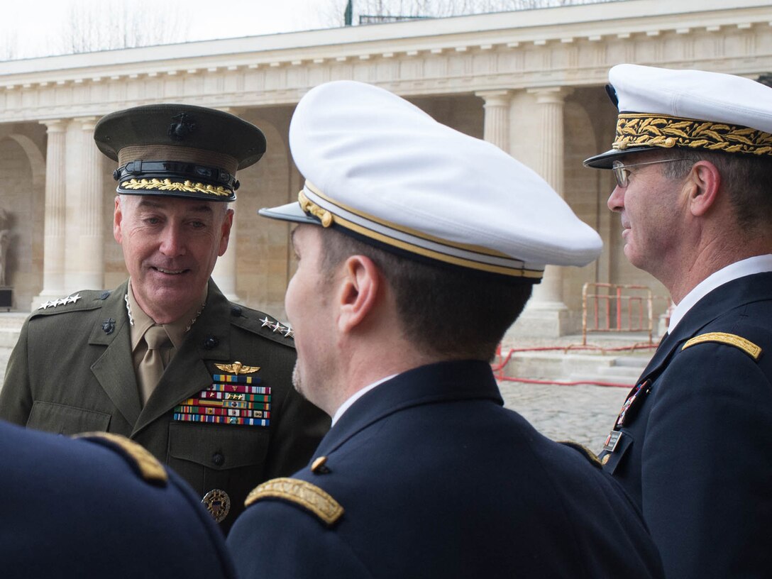 U.S. Marine Corps Gen. Joseph F. Dunford Jr., left, chairman of the Joint Chiefs of Staff, meets senior French military leaders at Ecole Militarie in Paris, Jan. 22, 2016. DoD photo by D. Myles Cullen