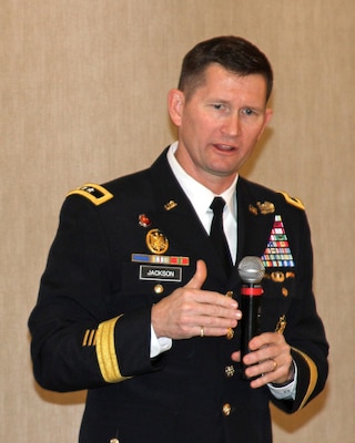 Maj. Gen. Ed Jackson, deputy commanding general for civil and emergency operations, U.S. Army Corps of Engineers, speaks to attendees at the winter meeting of the California Marine Affairs and Navigation Conference Jan. 21 at Marina del Rey, California.