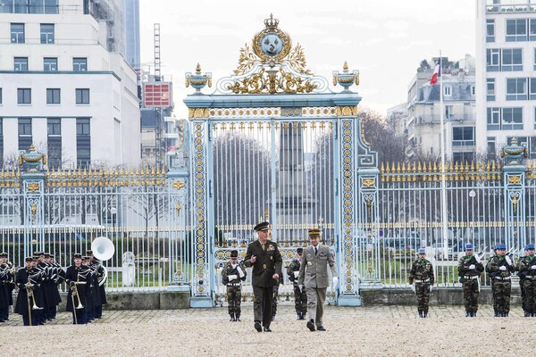 U.S. Marine Corps Gen. Joseph F. Dunford Jr., left, chairman of the Joint Chiefs of Staff, and Gen. Pierre de Villiers, chief of France's defense staff, conduct a military honors ceremony at Ecole Militarie in Paris, Jan. 22, 2016. DoD photo by D. Myles Cullen