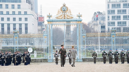 U.S. Marine Corps Gen. Joseph F. Dunford Jr., left, chairman of the Joint Chiefs of Staff, and Gen. Pierre de Villiers, chief of France's defense staff, conduct a military honors ceremony at Ecole Militarie in Paris, Jan. 22, 2016. DoD photo by D. Myles Cullen