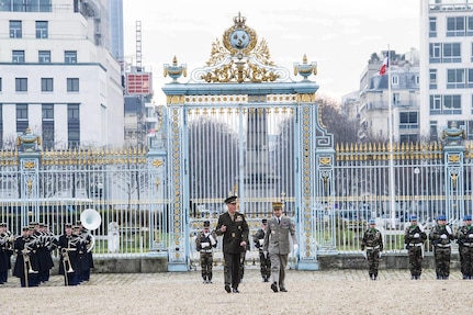 U.S. Marine Corps Gen. Joseph F. Dunford Jr., left, chairman of the Joint Chiefs of Staff, and Gen. Pierre de Villiers, chief of France's defense staff, conduct a military honors ceremony at Ecole Militarie in Paris, Jan. 22, 2016. DoD photo by D. Myles Cullen