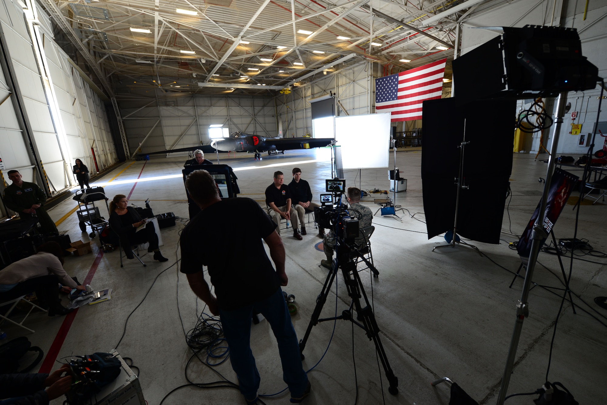 Austin Stowell, the actor who portrayed Francis Gary Powers, in the film Bridge of Spies, and Francis Gary Powers Jr., are interviewed at Beale Air Force Base, California, Jan. 21, 2016. Stowell and Powers Jr. interview will be included in the DVD extras scheduled for release in February. Bridge of Spies has been nominated for Best Picture at the upcoming Academy Awards. (U.S. Air Force photo by Senior Airman Bobby Cummings)
