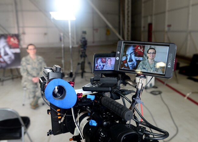 Staff Sgt. Summer Ronso, 9th Maintenance Group maintenance scheduler, serves as a set stand-in for a DreamWorks Pictures production crew Jan. 21, 2016, at Beale Air Force Base, California. The crew was setting up equipment for interviews to be featured on the upcoming “Bridge of Spies” DVD extras scheduled for release in February. (U.S. Air Force photo by Senior Airman Bobby Cummings)