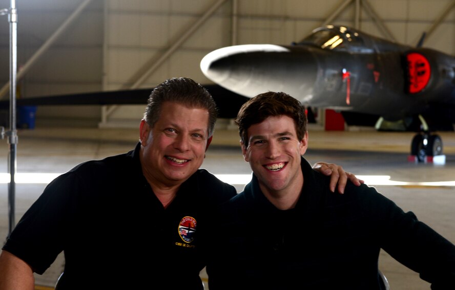 Austin Stowell (right), the actor who portrayed Francis Gary Powers, in the film Bridge of Spies, and Francis Gary Powers Jr. (left), pose for a photo at Beale Air Force Base, California, Jan. 21, 2016. The Stowell and Powers Jr. interview will be included in the DVD extras scheduled for release in February. Bridge of Spies has been nominated for Best Picture at the upcoming Academy Awards. (U.S. Air Force photo by Senior Airman Bobby Cummings)