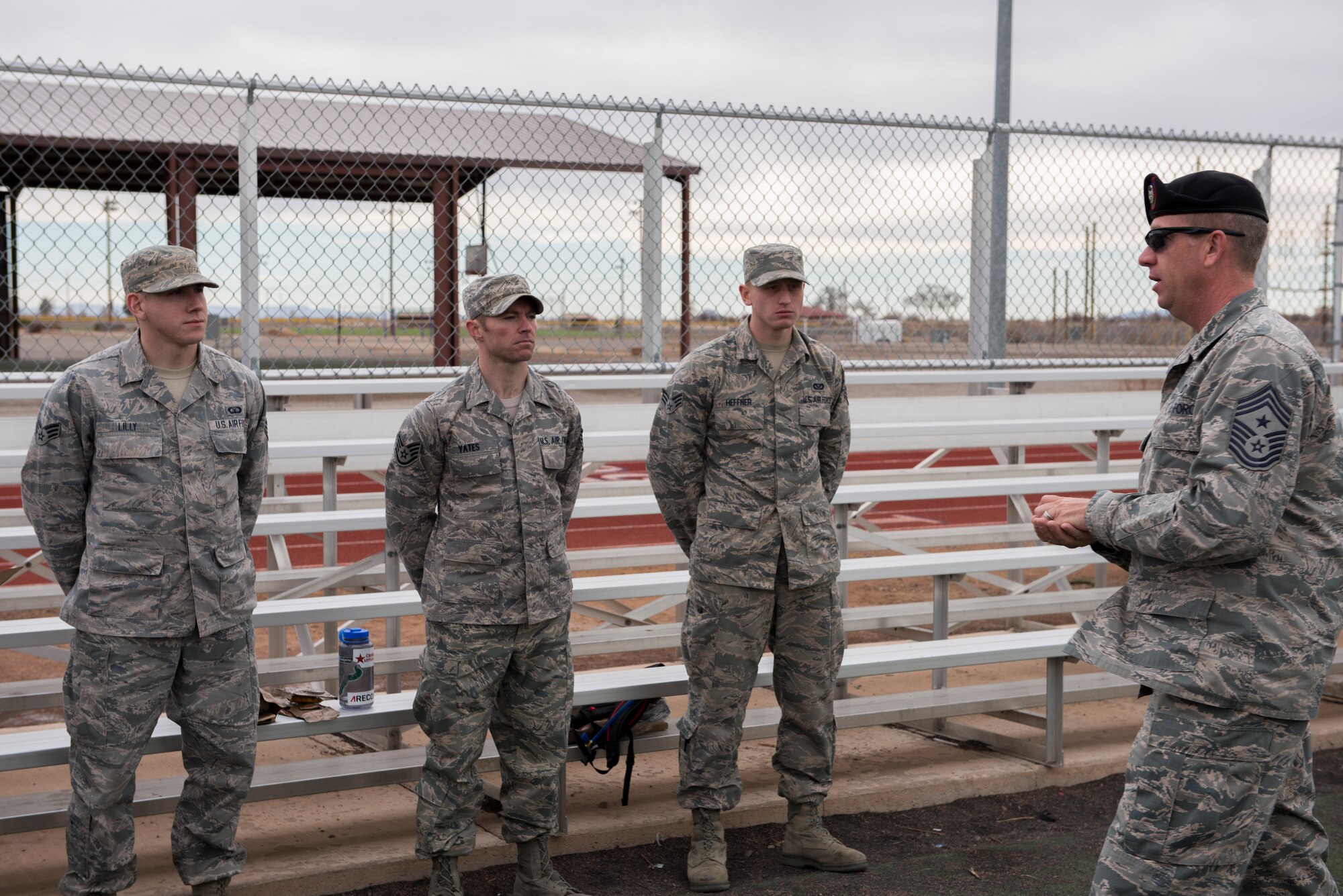 Chief Master Sgt. Scott Loescher, Holloman’s Command Chief, speaks with Airmen who participated in the Battlefield Airmen Day at Holloman Air Force Base on Jan. 15. Air Force Special Forces members from Fort Bliss and Holloman facilitated the event to educate Airmen on the physical and mental standards set by Air Force Special Forces. “This is a great opportunity for Airmen who are trying to cross-train, said Loescher. “It’s going to show what level of commitment they have.” (U.S. Air Force photo by Airman 1st Class Randahl J. Jenson)