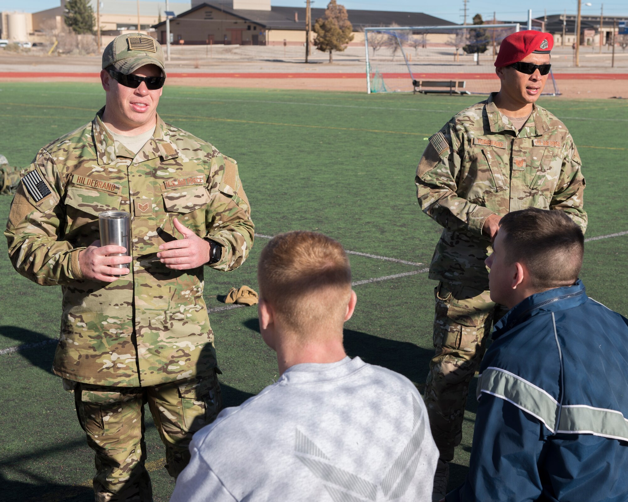 Members from the Air Force’s Tactical Air Control Party and Combat Control answer questions throughout a break during a Battlefield Airmen Day at Holloman Air Force Base on Jan. 15. This event was hosted at Holloman to educate Airmen on the physical and mental standards set by Air Force Special Forces. “This is to show them where they stand and what training they need to progress,” said Senior Airman Neiko Guillory, a Tactical Air Control Party member from Fort Bliss, Texas. (U.S. Air Force photo by Airman 1st Class Randahl J. Jenson)