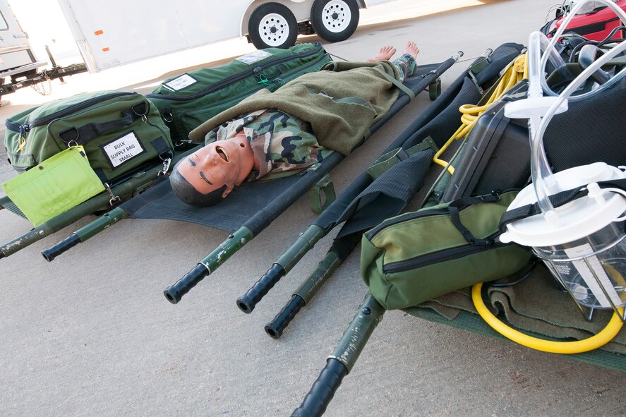 459th Aeromedical Evacuation Squadron medical and training equipment waits to be loaded onto a KC-135R Stratotanker en-route to NAS Joint Reserve Base New Orleans from the Joint Base Andrews, Md., flight line Jan. 21, 2016. Members of the 459 AES flew to New Orleans as part of exercise Creole Archer, where they train for real world aeromedical transport missions. (U.S. Air Force photo by Staff Sgt. Kat Justen)