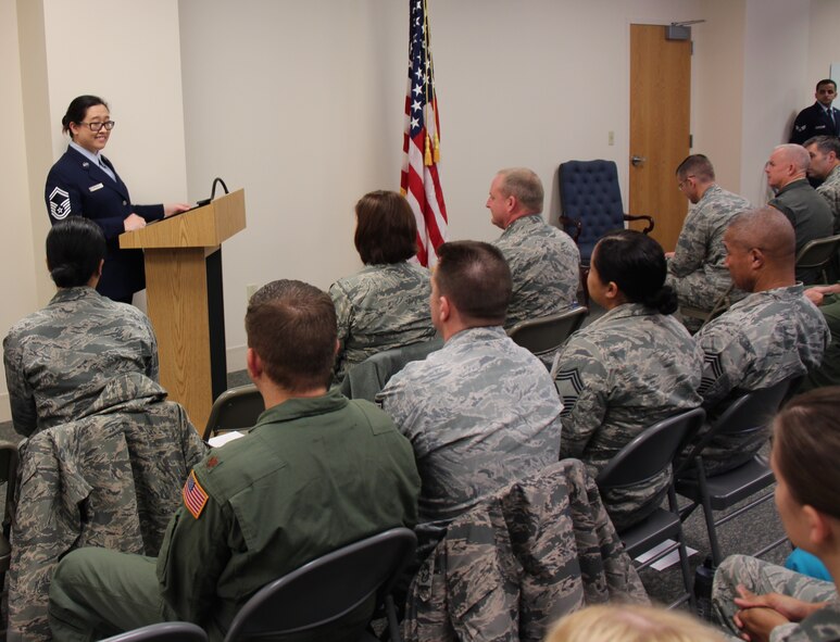 Senior Master Sergeant Laura Marshall spoke briefly to open up the special ASTS ribbon-cutting ceremony that was held Jan. 11, 2016, at the 932nd Aerospace Medicine Squadron's clinic. The new facility is located on the fourth floor of the hospital building at Scott Air Force Base, Illinois. (U.S. Air Force photo by Maj. Stan Paregien)