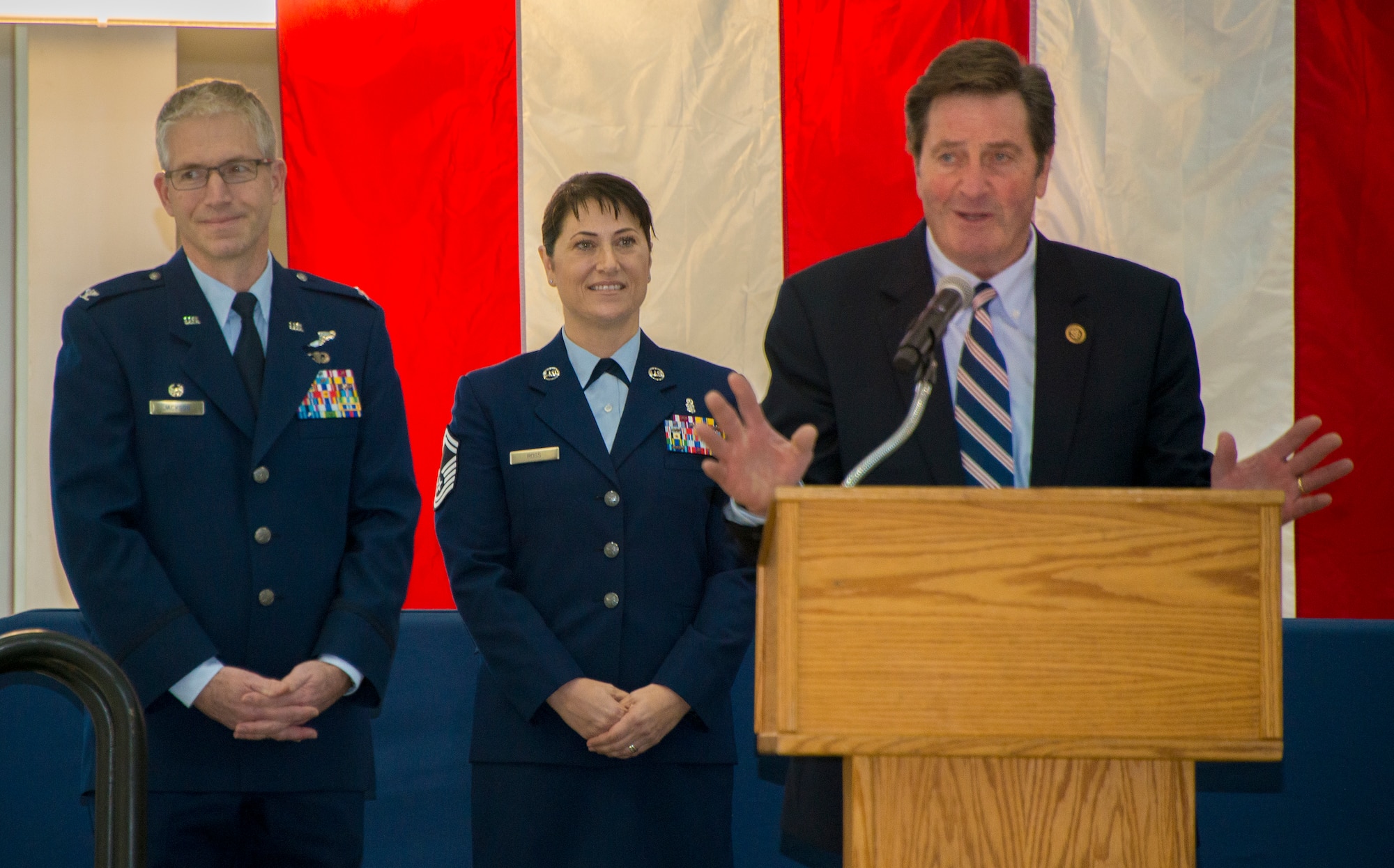 U.S. Rep. John Garamendi, right, D-Calif., speaks during a ceremony Jan. 19, 2016, in celebration of the 50th anniversary of the 60th Air Mobility Wing, at Travis Air Force Base, California. (U.S. Air Force photo by Heide Couch)