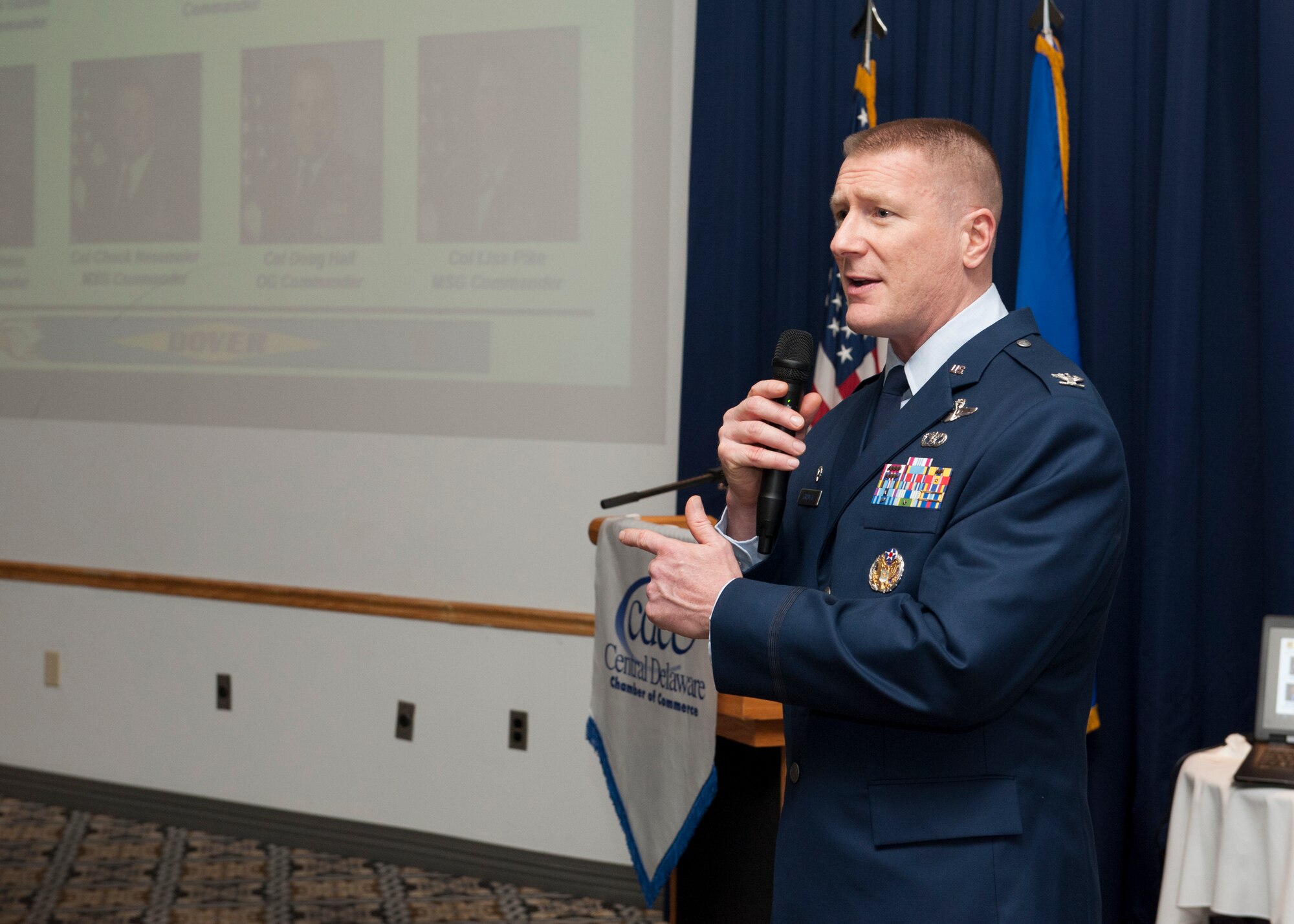 Col. Michael Grismer, 436th Airlift Wing commander, speaks during the 2016 Military Affaire Social Jan. 21, 2016, at the Landings on Dover Air Force Base, Del. Grismer spoke on the wing’s mission and its capabilities. (U.S. Air Force photo/Senior Airman Zachary Cacicia)

