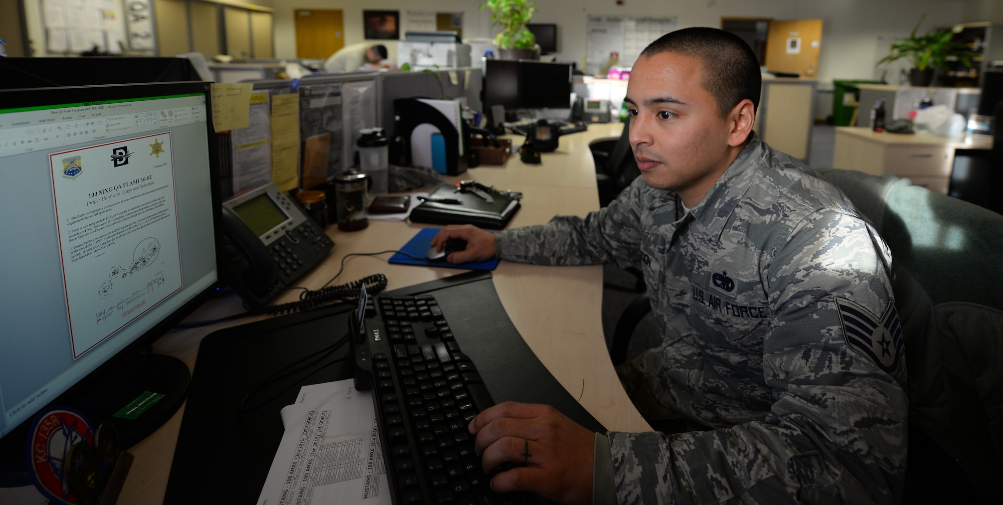 U.S. Air Force Staff Sgt. Karl Asuncion, 100th Maintenance Group jets quality assurance inspector, works on his computer Jan. 13, 2016, on RAF Mildenhall, England. Quality Assurance Inspectors use a program called Mustang to track and log inspection history. (U.S. Air Force photo by Staff Sgt. Micaiah Anthony/Released)