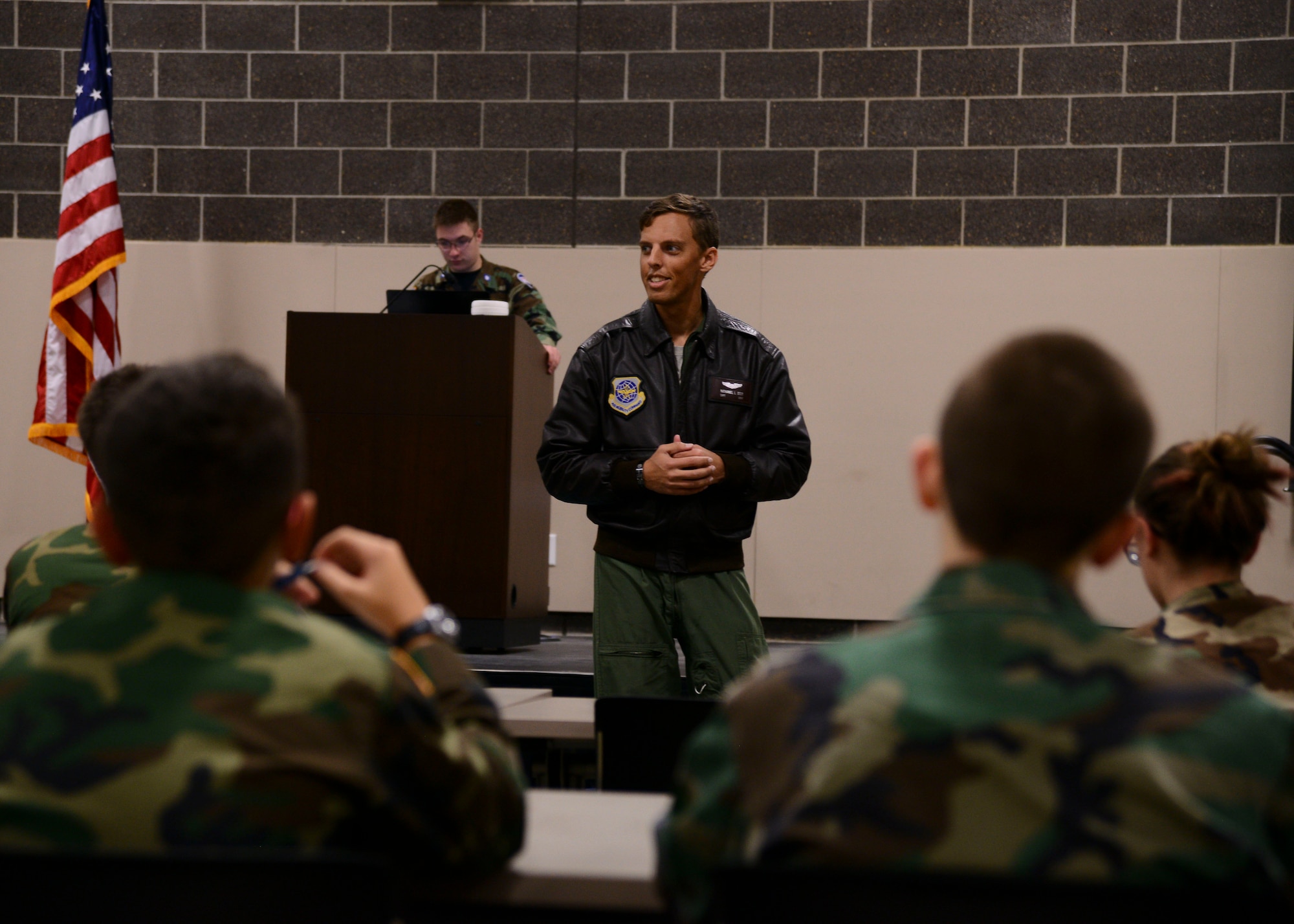 Capt. Nathanial Beer, 384th Air Refueling Squadron pilot, speaks to cadets at the Emerald City Composite Squadron, Jan. 14, 2016, in Wichita, Kan. Beer volunteers with the local Civil Air Patrol to give back to the same program that helped him follow his dreams of becoming a pilot. (U.S. Air Force photo/Airman 1st Class Christopher Thornbury)