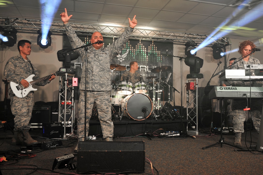 The U.S Air Force Heritage of America Band’s high-energy ensemble, Full Spectrum, rehearses a Langley Air Force Base, Va., Jan. 20, 2016. During its 110-day deployment to the Middle East and Southwest Asia, the band broke new ground in various regions through its community outreach efforts, and was even featured alongside comedian Conan O’Brien during his deployment tour with first lady Michelle Obama. (U.S. Air Force photo by Tech. Sgt. Katie Gar Ward)