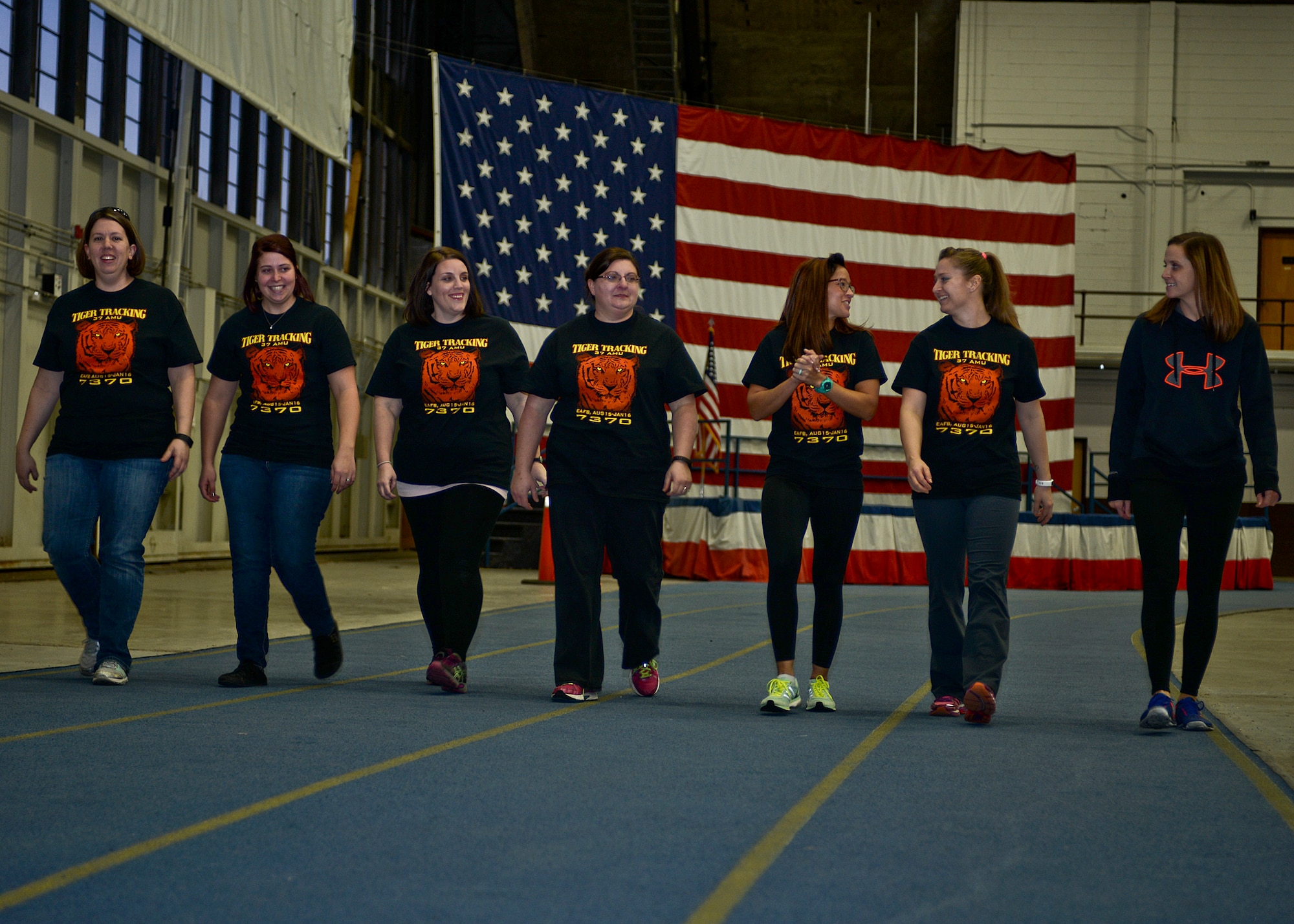 Spouses walk together during “Tiger Tracking” at Ellsworth Air Force Base, S.D., Jan. 17, 2016. The walk was put on for spouses of deployed Airmen to show their support for servicemembers overseas. (U.S. Air Force photo by Airman Sadie Colbert/Released)