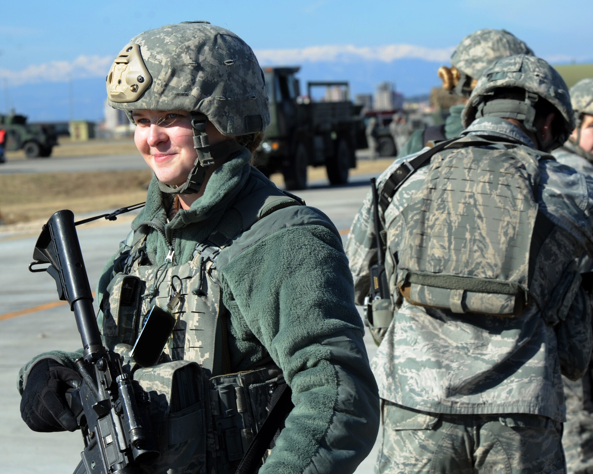 U.S. Air Force Airman 1st Class Sarah Schafer, 39th Security Forces Squadron member, stands ready with her weapon during an exercise Jan. 15, 2016, on Incirlik Air Base, Turkey. Exercises like this ensure the security of the installation as well as give defenders first-hand experience in emergency scenarios. (U.S. Air Force photo by Airman 1st Class Daniel Lile/Released)