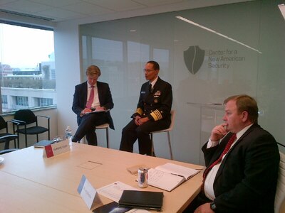 U.S. Navy Adm. Cecil D. Haney, U.S. Strategic Command (USSTRATCOM) commander (center), speaks during a panel discussion on &ldquo;Space and Space Deterrence&rdquo; at the Center for a New American Security (CNAS) in Washington, D.C., Jan. 22, 2016. In his remarks, Haney recognized CNAS for its &ldquo;continued focus on global challenges.&rdquo; He discussed the growing threat environment in space, the role of space in deterrence strategy, and USSTRATCOMâ€™s ongoing efforts to solve some of the challenges we face in space.  After his remarks, Haney answered several questions from panel members. One of nine DoD unified combatant commands, USSTRATCOM has global strategic missions, assigned through the Unified Command Plan, which include strategic deterrence; space operations; cyberspace operations; joint electronic warfare; global strike; missile defense; intelligence, surveillance and reconnaissance; combating weapons of mass destruction; and analysis and targeting. (USSTRATCOM photo by U.S. Navy Capt. Pamela S. Kunze)
