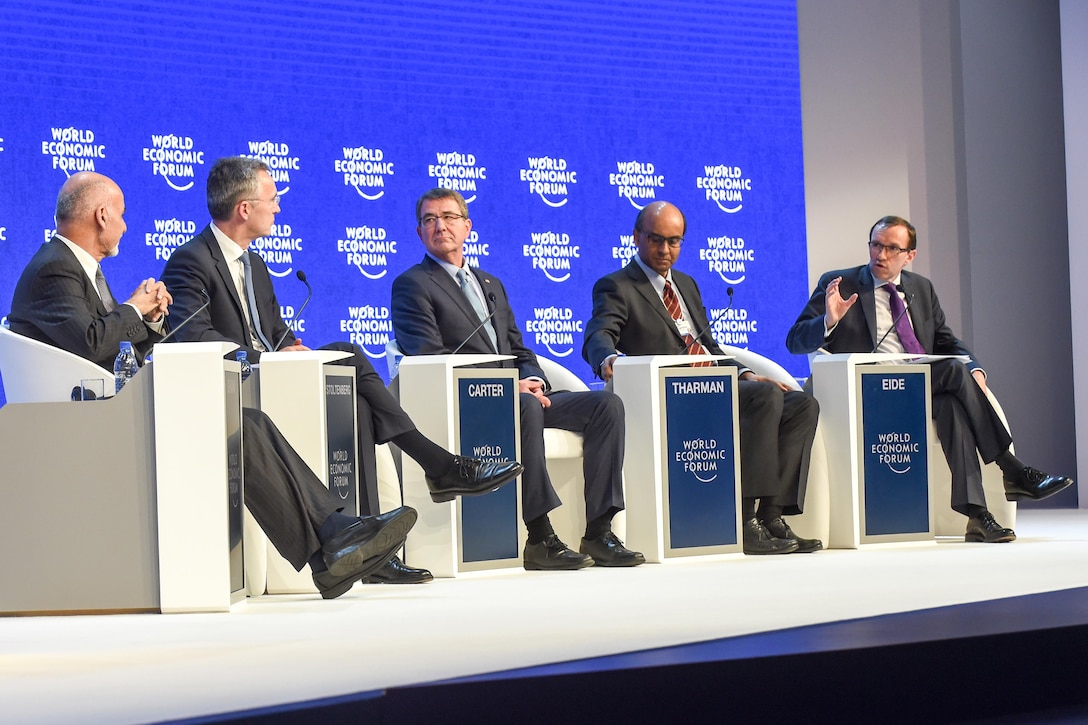 U.S. Defense Secretary Ash Carter, center, participates in a panel discussion on security issues during the World Economic Forum annual meeting in Davos, Switzerland, Jan. 22, 2016. Also participating were, from left, Afghan President Ashraf Ghani, NATO Secretary General Jens Stoltenberg and Singapore Deputy Prime Minister Tharman Shanmugaratnam. DoD photo by Army Sgt. 1st Class Clydell Kinchen