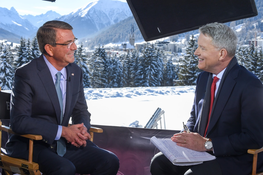 U.S. Defense Secretary Ash Carter talks with David Westin for Bloomberg Television during the World Economic Forum's annual meeting in Davos, Switzerland, Jan. 22, 2016. DoD photo by Army Sgt. 1st Class Clydell Kinchen