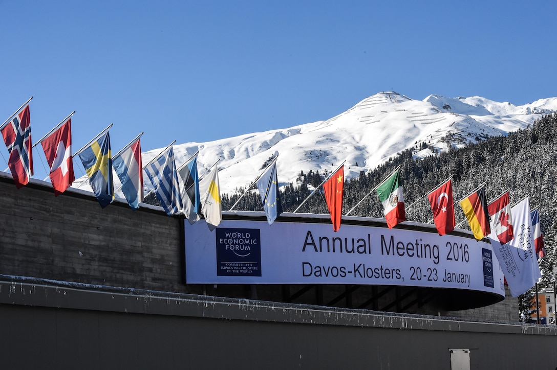 A sign announces the annual meeting of the World Economic Forum in Davos, Switzerland, Jan. 22, 2016. U.S. Defense Secretary Ash Carter attended the meeting and participated in proceedings. DoD photo by Army Sgt. 1st Class Clydell Kinchen