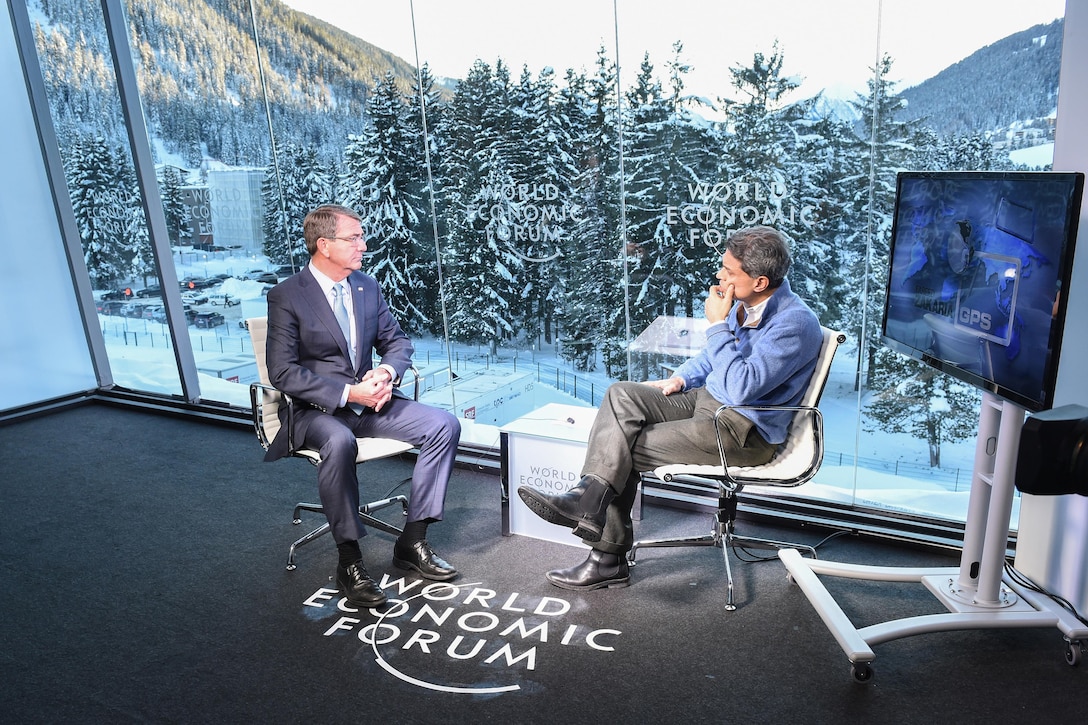 U.S. Defense Secretary Ash Carter gives an interview to Fareed Zakaria during the World Economic Forum's annual meeting in Davos, Switzerland, Jan. 22, 2016. DoD photo by Army Sgt. 1st Class Clydell Kinchen