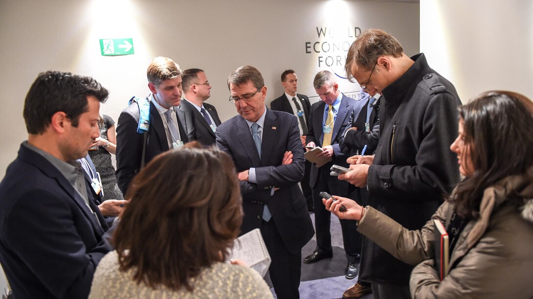 U.S. Defense Secretary Ash Carter speaks to reporters while attending the World Economic Forum's annual meeting in Davos, Switzerland, Jan. 22, 2016. DoD photo by Army Sgt. 1st Class Clydell Kinchen