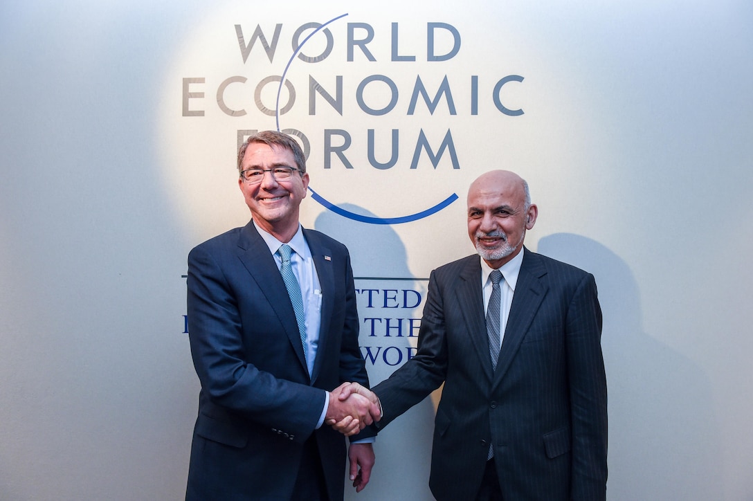 U.S. Defense Secretary Ash Carter stands for a photo with Afghan President Ashraf Ghani while attending the World Economic Forum’s annual meeting in Davos, Switzerland, Jan. 22, 2016. DoD photo by Army Sgt. 1st Class Clydell Kinchen