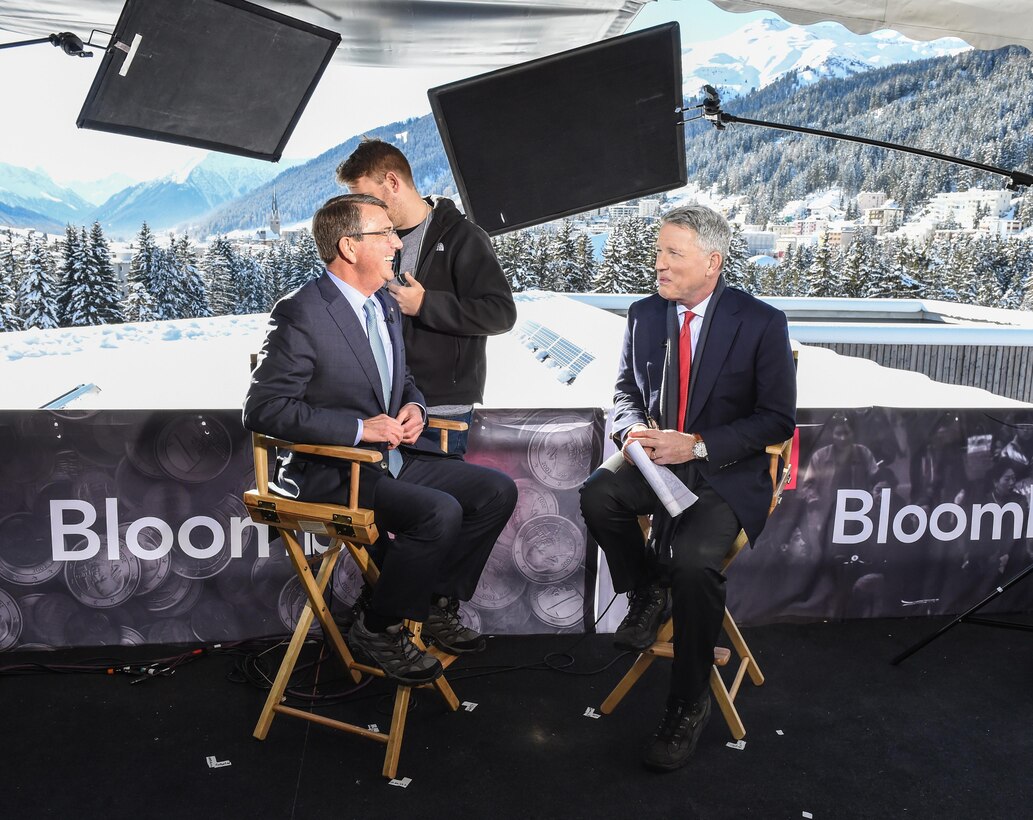U.S. Defense Secretary Ash Carter shares a light moment with David Westin during an interview for Bloomberg Television in Davos, Switzerland, Jan. 22, 2016. DoD photo by Army Sgt. 1st Class Clydell Kinchen