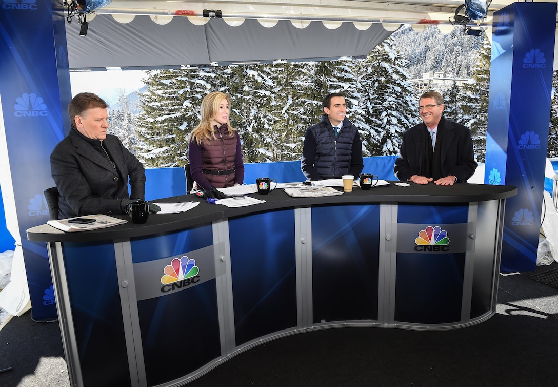 U.S. Defense Secretary Ash Carter gives an interview to CNBC while attending the World Economic Forum's annual meeting in Davos, Switzerland, Jan. 22, 2016. DoD photo by Army Sgt. 1st Class Clydell Kinchen