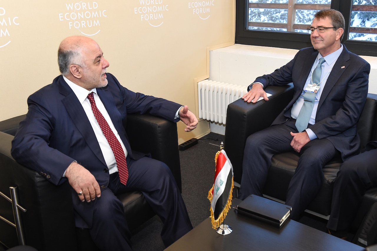 U.S. Defense Secretary Ash Carter meets with Iraqi Prime Minister Haider al-Abadi on the sidelines of the World Economic Forum's annual meeting in Davos, Switzerland, Jan. 22, 2016. DoD photo by Army Sgt. 1st Class Clydell Kinchen